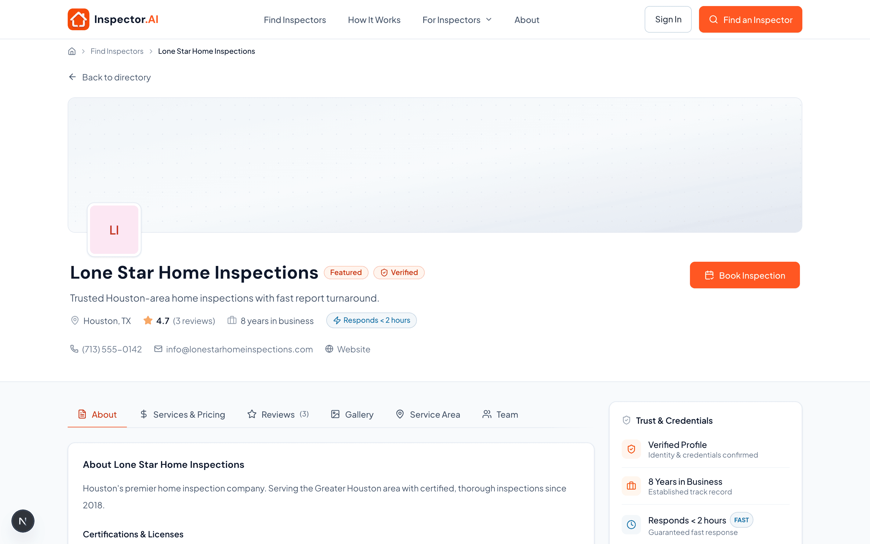 A hosted inspector website with online booking